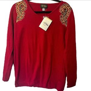 BOB MACKIE NWT Women's Red Sweater Art-to-Wear Embroidered Jeweled Cotton Small